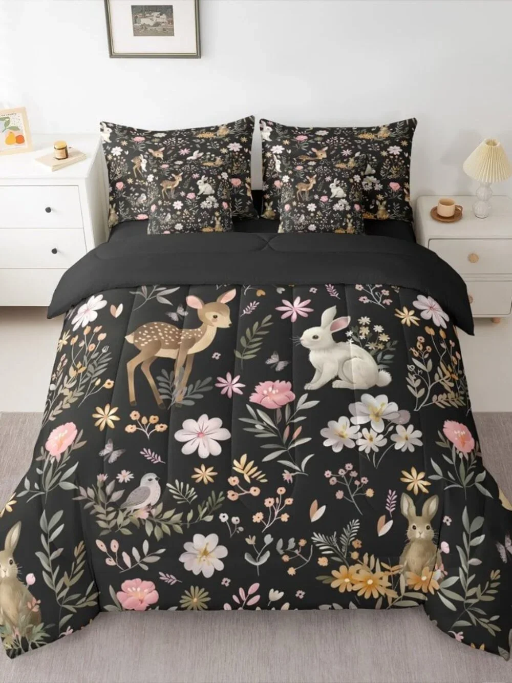 Cute Deer and Rabbit 7 Piece Bedding Set Floral Flower Comforter Set with Sheets